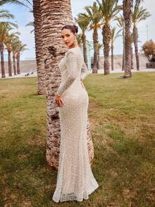 Faeriesty Glamour Elegant Mermaid Evening Gown With All-Over Sparkling Sequin & Faux Pearl Accents, Long Sleeve Deep V-Neck, Slim-Fit Waist, Fish-Tail Dress – Ideal For Weddings, Evening Galas, Red-Carpet Events & Award Ceremonies Outfit Party Formal - Champagne - View 3