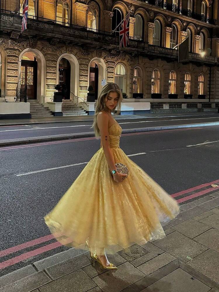 Vestidos de fiesta elegantes, formales y románticos con cintura ceñida y falda acampanada, para mujer, vestido de graduación para Navidad, Año Nuevo y verano - Amarillo - Añade 1