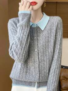 Women Cardigans - Gray Blue Collar - View 3