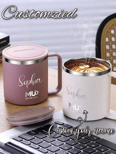 1 pieza Taza de café personalizada de acero inoxidable, taza personalizada, botella de agua aislada, taza para leche y té, botella de agua aislada de doble pared con tapa y asa, vaso para beber portátil a prueba de fugas y resistente al calor, reutilizable, resistente al frío/calor, taza de café, vajilla de cocina, adecuada para estudiantes, adultos, escuelas, dormitorios, oficinas, campamentos al aire libre, picnics, viajes y talla grande, artículo esencial