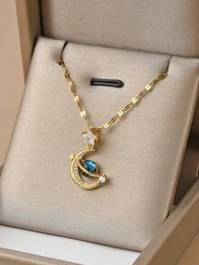 1 件时尚方晶锆石星空和月亮不锈钢项链，星星，金项链，适合女士、派对的礼物 - 金黃色 - 查看 4