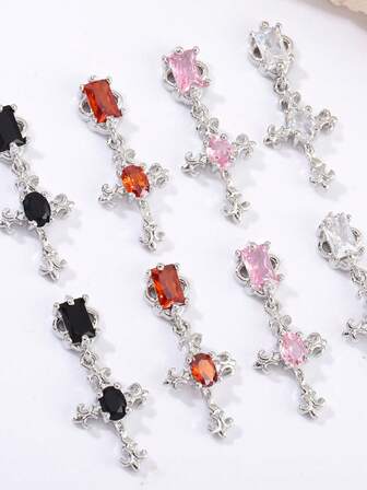 5pcs European And American Cyberpunk Style Zirconia Texture Cross Pendant Nail Art Diamond Jewelry Y2k Metal Style Nail Diamond Brass Inlaid Zirconia Light Luxury Metal Diamond Nail Accessories