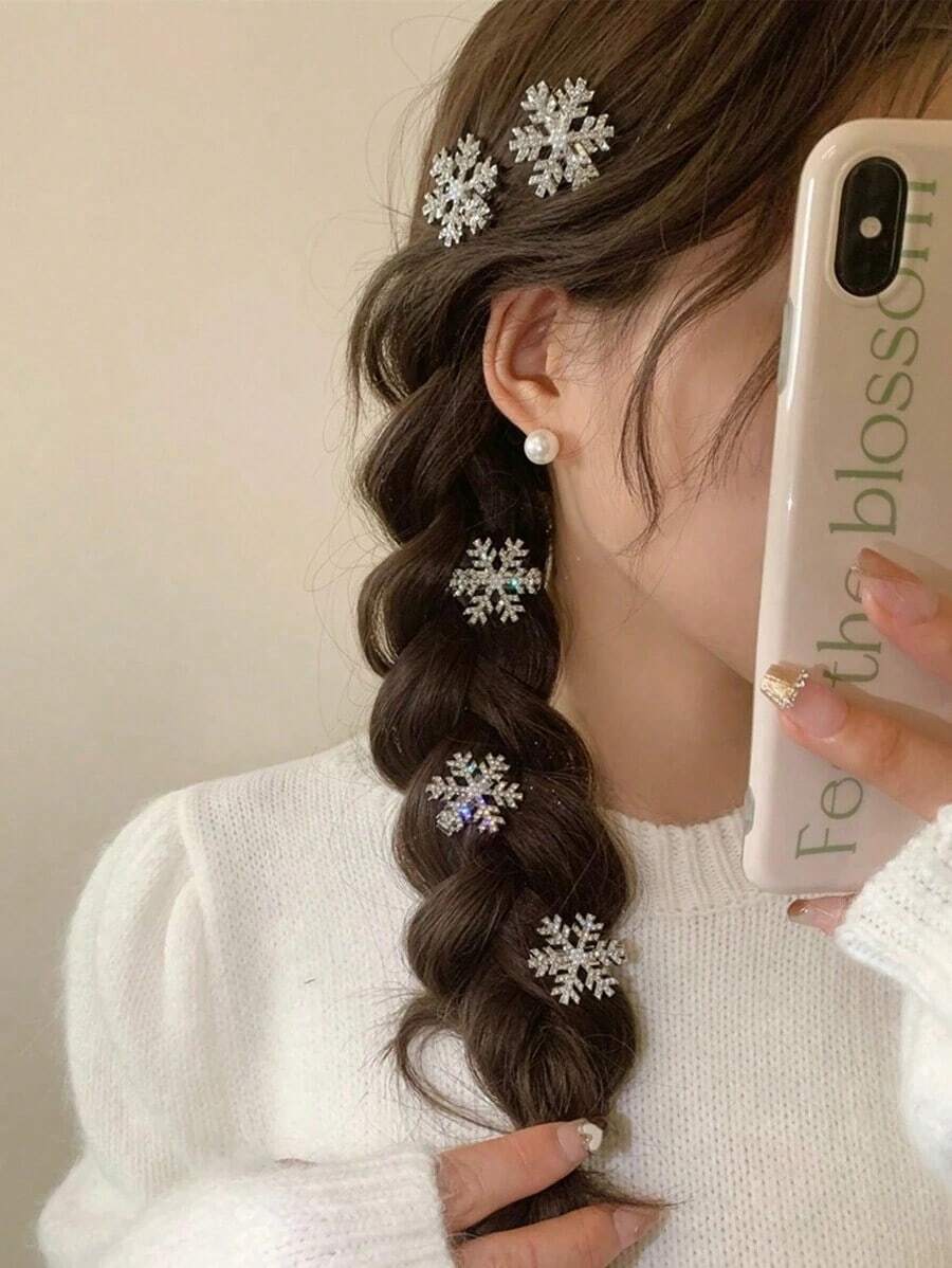 6/10/20pcs Women Silver Snowflake Faux Pearl Hair Clips Winter Hair Accessories Rhinestone Small Claw Clips Bangs Clips Sweet Elegant Daily Wear Hair Clips, Snowflake Hair Accessories, New Year Essential Hair Claws Hair Barrettes, Christmas, Looks Of Party - 銀色 - 查看 1
