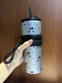 1pc 710ml/24.98oz Bow Insulated Cup,Cherry Insulated Cup,Portable Drawstring Water Cup,Large Capacity Insulated Cup,Insulated Cup With Straw,Reusable Cup,Accompanying Coffee Cup,Stainless Steel With Cover Lid