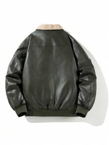 Long Sleeve Regular Fit Bomber Jacket For Women Casual PU Leather Outerwear With Sherpa Collar - 軍綠色 - 查看 4