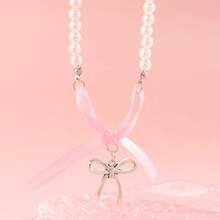 1pc Elegant Necklaces For Women,Heart Shaped Bow Pendant,Pink Choker,Pearl Necklace,Heart Necklaces,Gifts For Women,Jewelry Women