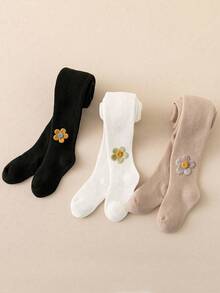 3双女童纯色碎花装饰连裤袜，甜美可爱风格，适合日常搭配 - 彩色 - 查看 11