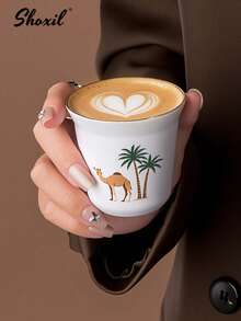 shoxil 1 Cốc cà phê bằng thép không gỉ 80ml, Cốc cà phê kiểu Ả Rập, Cốc trà, Cốc nước, Cốc espresso, Cốc trang trí, Cốc họa tiết cây dừa và lạc đà, Đen/Trắng, Dùng cho gia đình, văn phòng, nhà hàng, sân trong, cắm trại - Tách - Xem 5