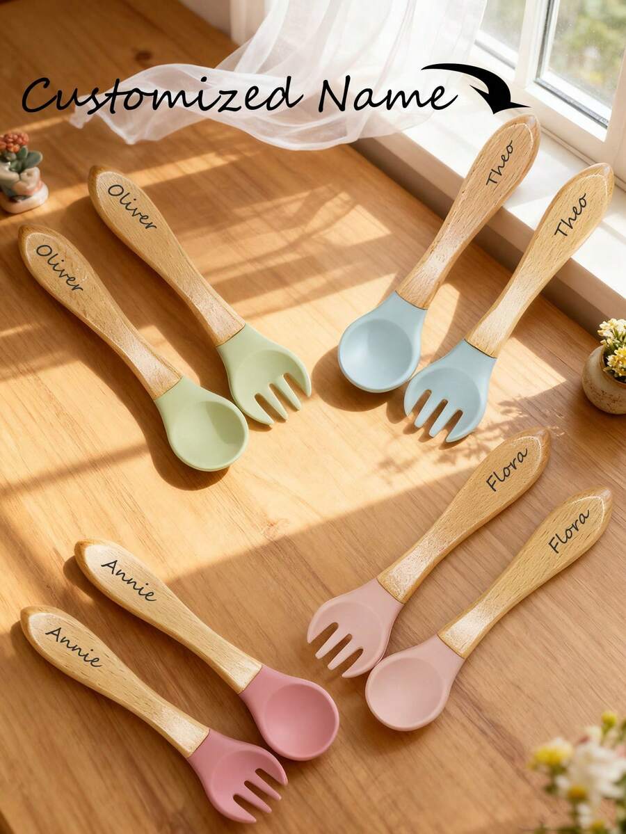 1pc Personalized Baby Spoon & Fork Set, Feeding Utensils - Multicolor - View 1