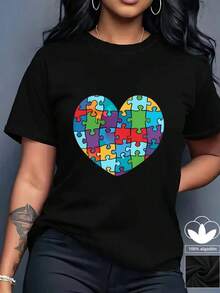 Camiseta casual de mujer, 100% algodón, con estampado gráfico de corazón, camiseta de manga corta con cuello redondo casual y cómoda, ropa de primavera y verano, adecuada para cualquier ocasión, color sólido, casual, uso diario. - Negro - Ver 2