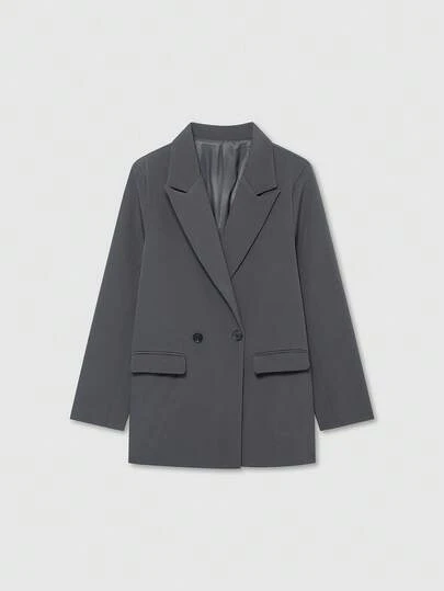 Chaqueta casual de mujer de corte holgado y doble botonadura con solapa, unicolor de manga larga, minimalista y de moda, adecuada para primavera/otoño/invierno