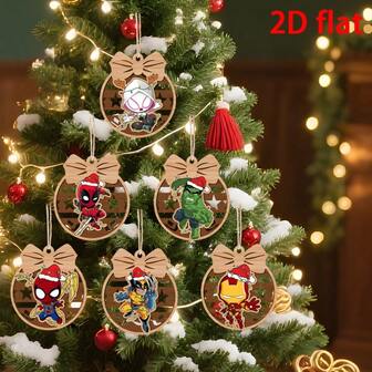 Marvel 2D Flat Christmas Tree Topper, 6pcs Set With Cute Gwen Stacy, Wolverine And His Friends Christmas Theme Wooden Decorations, Suitable For Christmas Trees, Doors And Windows, Family Parties, Is The Best Choice For Christmas Decoration Pendants