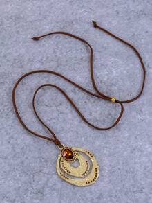 1Pc Bohemian-Style Fashionable Retro Geometric Asymmetrical Pendant Brown Cord Velvet Necklace For Women's Daily Wear & Accessories