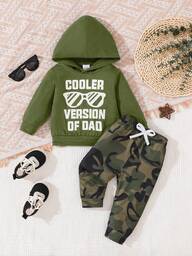Baby Boy Autumn And Winter New Casual Outdoor Cute Clothing Set Letter Print Camouflage Hooded Fashion Sweatshirt Trousers Two-Piece Set