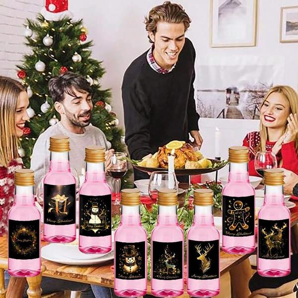 35/4pcs Christmas Mini Liquor Bottle,Beverage Dispensing Bottle,Empty Plastic Party Cups,With Black,Golden And Silvery Lids,And With 9 Styles Labels,Perfect For Christmas,Birthday Party Supplies,Wedding Gifts,Christmas Decorations,New Years Gifts,Outdoor Party