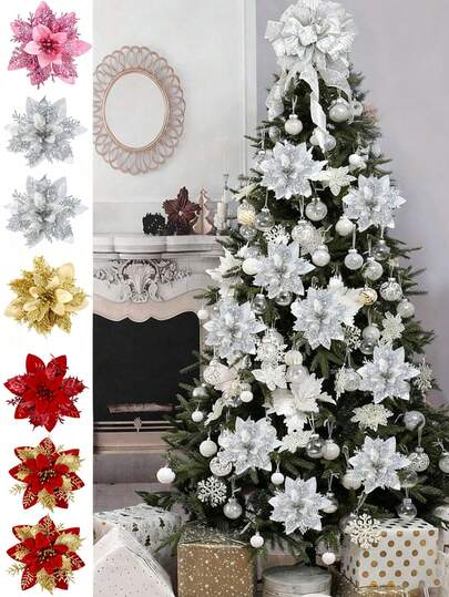 6pcs Poinsettias Artificial Christmas Flowers - Red/Gold/Red Gold/Silver/Pink Glitter Fake Flowers Christmas Tree Decorations Christmas Decorations For Home 2025 New Year Ornaments