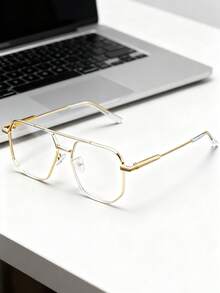 1副男女通用金属双梁大镜框透明镜片多边形眼镜 - 無色 - 查看 8