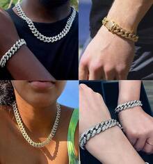 2 PCS Cuban Link Chain Iced Out Miami Cuban Necklace Bracelet Bling Hop Jewelry Men Women - 銀色 - 查看 10