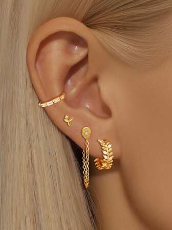 4 Pcs Vintage 24K Gold Plated Cubic Zirconia Leaf Hoop Earrings For Women Zirconia Flower Stud Earrings For Women Earrings Set