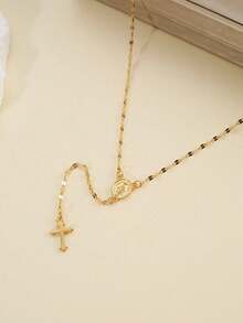 1pc Vintage Style Women's New Cross & Virgin Mary Tag Pendant Necklace With Tassel, Delicate Faith Jewelry For Daily Wear, Birthday, Anniversary, Party Gift