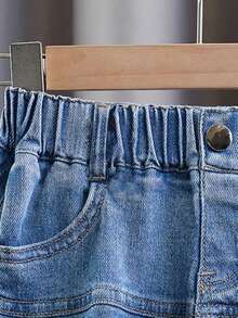 Young Girl Summer Versatile Pocket Ruffle Hem Denim Mini Skirt - Blue - View 3