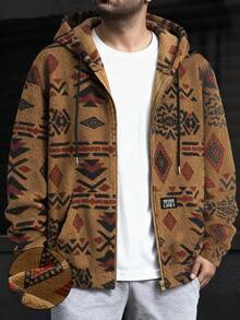 Men's Fashionable Fleece Lined Hoodie, Classic Printed Sherpa Lined Full Zip Hoodie Sweatshirt With Drawstring, Casual Streetwear For Autumn/Winter