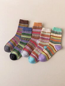 5 Paar Damen Kniestrümpfe, modischer Retro-Stil Wollsocken geeignet für den täglichen Gebrauch in allen Jahreszeiten, Herbst