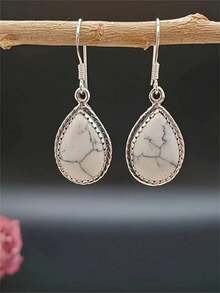 1 Pair Vintage Bohemian Style White Teardrop Faux Turquoise Inlaid Pendant Earrings, Suitable For Women's Daily, Party, Travel Jewelry Gift