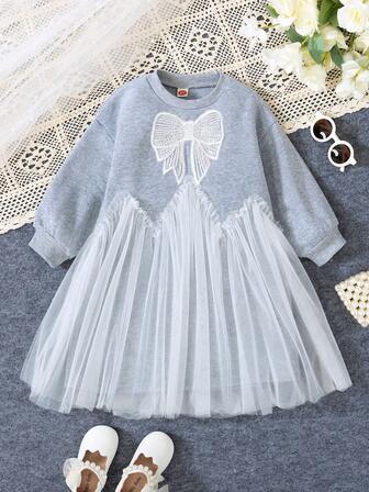 少女时尚休闲可爱连衣裙，串珠花卉贴花保暖网纱衬里连衣裙