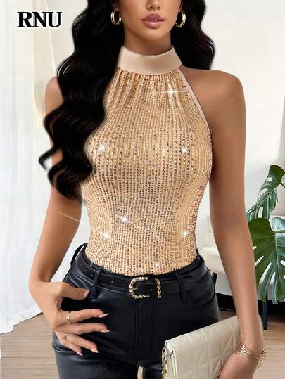 RNU Camiseta sin espalda con cordones y lentejuelas en color dorado champán, top corto elástico y sexy, adecuado para citas, fiestas, discotecas, calles, San Valentín, cumpleaños, carnavales, casual de negocios, conciertos, oficinas, Año Nuevo, primavera/verano
