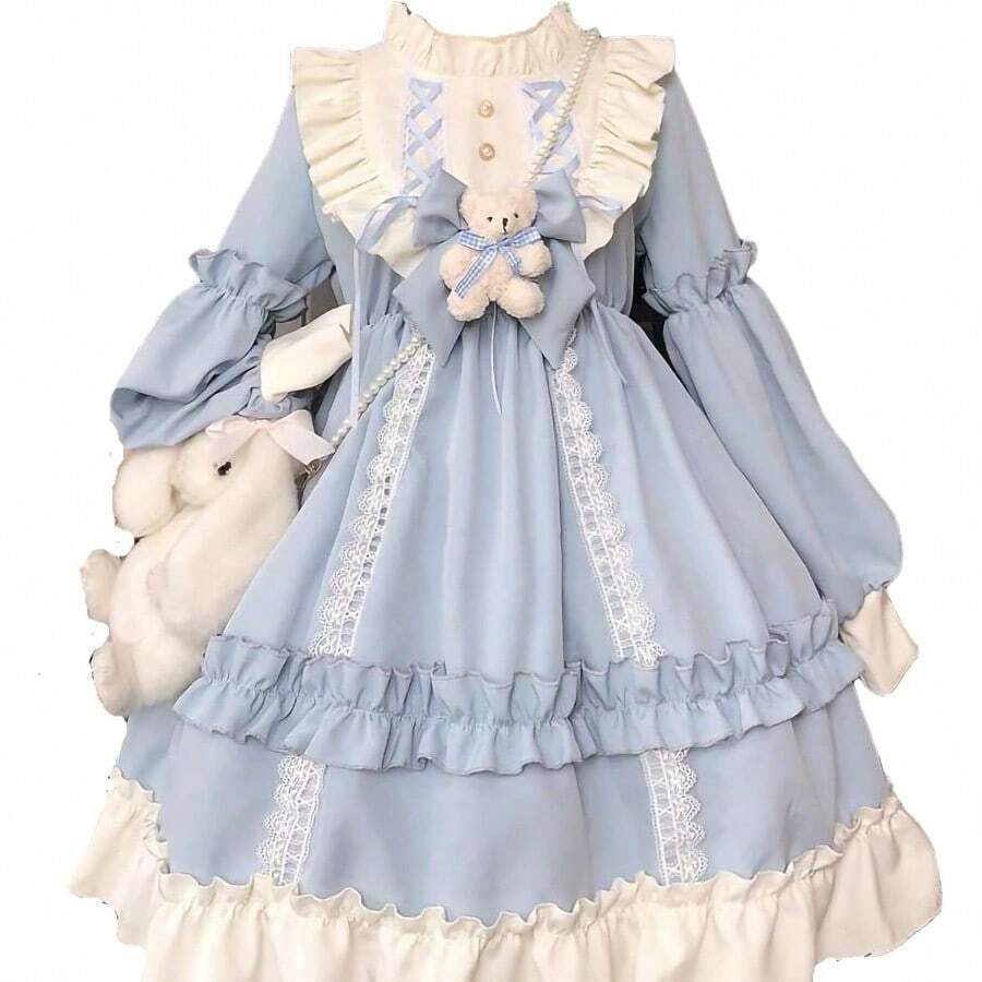 Qusuxi Girls Lolita Princess Dress Kawaii Long Sleeve Chiffon Skirt Cute Girl Dress - AzulCielo - Ver 1