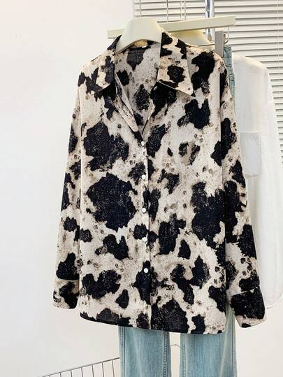 YUXIN レトロな甘くクールな牛柄シャツ レディース、襟付き長袖ルーズスリムエレガントな万能トップス 秋冬、ブラックデー/クリスマス/ハロウィン/春休みアイテム