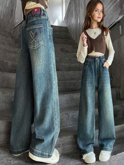 Tween Girls' Heart Patch Pocket Wide-Leg Casual Jeans, Loose Fit Straight Leg Pants Suitable For 8-14 Years Old, Suitable For School, Outings, And Daily Wear, Suitable For Spring, Summer, And Autumn