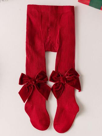 1件装婴儿纯色圣诞连裤袜，柔软条纹，儿童女童红色连裤袜打底裤，天鹅绒大蝴蝶结，婴儿新年礼物，适合0-6岁儿童