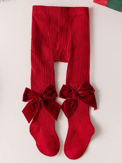1pc Baby Solid Christmas Tights Soft Stripe Children Girls Red Pantyhose Leggings Kids Velvet Big Bowknot Infant New Year Gifts Tights For 0-6Years