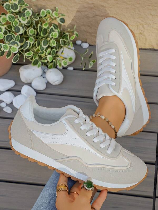 2025 New Lace-Up Sneakers, Beige, Sporty Style, Flat Round Toe Platform Sole, Sweet & Cool Design, Suitable For Casual, Street, Vacation, Halloween, Black Friday, Date Outfit