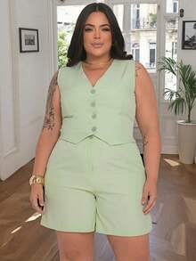 LXC Plus Size Women's Set With Vest And Shorts – Elegant Casual Style - 薄荷綠 - 查看 3