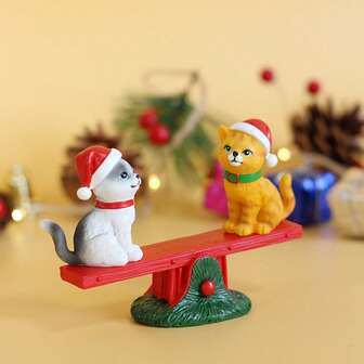 3pcs Seesaw Happy Cat & Dog Figurines, Christmas Table Decor, Office Desk Bookshelf Cabinet Entryway Ornaments, New Year Celebration Gift, Christmas Stocking Stuffers