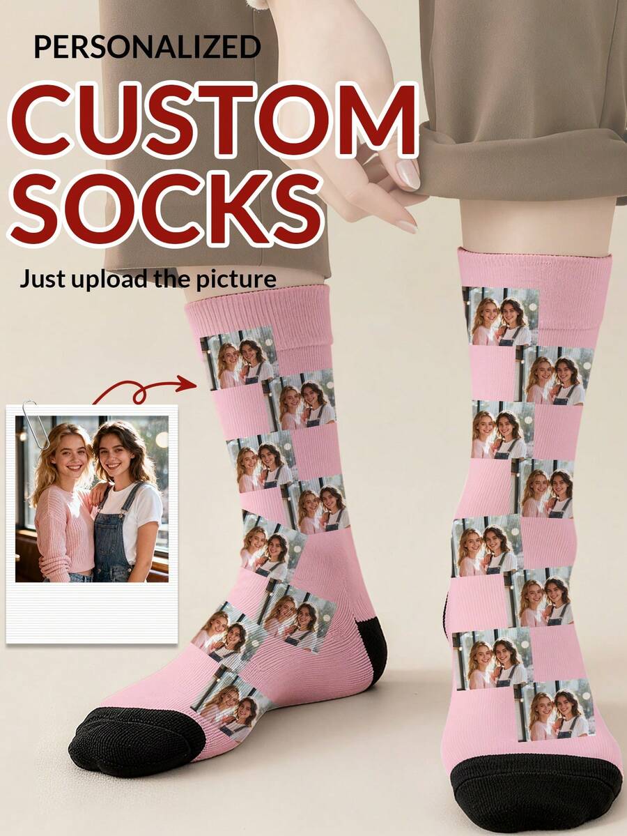 1 par de calcetines con estampado facial personalizable hasta el tobillo para mujeres, calcetines con foto personalizada, calcetines divertidos y únicos a medida hasta el tobillo, adecuados para el Día de San Valentín, cumpleaños y regalos - Multicolor - Ver 1