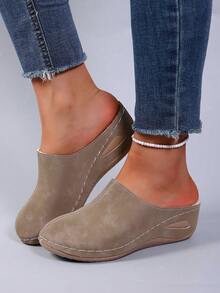 Élégantes mules décontractées en couleur unie en PU confortable, convenant pour l'automne/l'hiver - Kaki - Voir 5