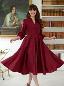 Đầm nữ cổ điển dáng vintage, thắt eo, cổ chữ V, cài cúc phía trước, thích hợp cho mùa xuân/hè. - Màu Đỏ Sâu - Xem 7