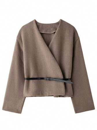 ZEVITY Chaqueta de mujer de estilo vintage con cuello en V cruzado, diseño de cinturón, de unicolor, de lana, de manga larga, elegante, para uso casual en otoño e invierno. CT1312