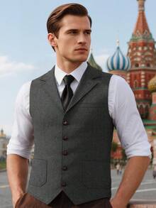 Casual Men's Vests Herringbone Tweed Vest V-Neck Waistcoat For Men Retro Men's Wedding Vests Hunting Travel Workwear Vest - 灰色 - 查看 4