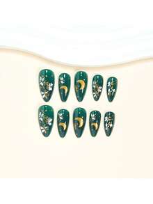 24 Peças Unhas Acrílicas Prensadas de Amêndoa Média na Cor Verde com Design Brilhante de Lua Dourada e Flor de Folha, Cobertura Completa de Unhas Falsas Brilhantes para Uso Diário, Encontros e Festas para Mulheres e Meninas no Outono e Inverno
