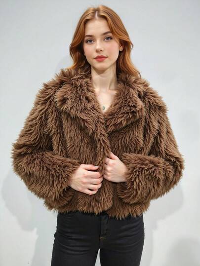 Jaqueta curta feminina casual de pele sintética cacheada para outono e inverno