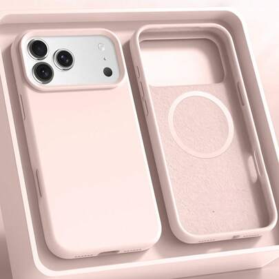 纯粉色极简液态硅胶磁吸无线充电保护壳，适用于 17 Air、16、14、13、12、15 Pro Max Plus，带绒面摄像头保护，女士节礼物