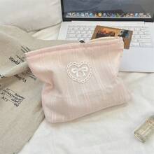 Large Capacity Women's Makeup Bag/Organizer Pouch, Casual Compact Zipper Travel Clutch, Heart & Bow Embroidery Cosmetic Bag, Toiletry Bag, Travel Essential, Cruise Essential, Vacation Essential, Unisex