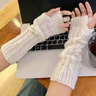 1 双女士 Y2K 韩剧风长袖保暖手套 - 白色尖头及肘长，覆盖手腕至手肘，易于打理的冬季配饰，腕部保暖套，毛绒臂套，手部保暖套，女士冬季手套，可重复使用手部保暖套，女士手套套，腕部加热垫，手套