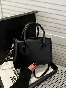 女士时尚小方包，带有石头纹理，双手柄，压纹鳄鱼图案，可调节肩带，适合休闲、旅行、购物，轻便，商务休闲风格，适合少女、女士、大学生、新秀和白领，非常适合办公室、大学、工作、商务、通勤、户外、旅行和郊游 - 黑色 - 查看 3