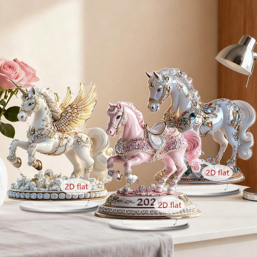 1 pièce Décoration de bureau pour la Saint-Valentin, design licorne et cheval rose et blanc, décoration de maison pour le salon et la chambre à coucher, décoration de bureau, cadeau de Saint-Valentin, Nouvel An, en acrylique 2D